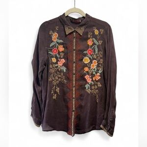 Johnny Was Embroidered Boho Blouse Brown Floral Western Festival Size M